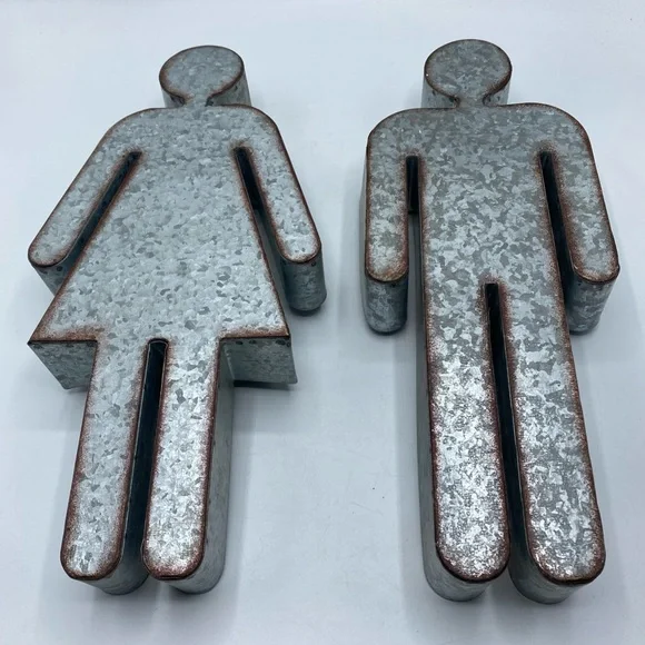 Ladies Bathroom Sign Markers Galvanized Metal Women Men Sculpture 3D Figures - Picture 6 of 6